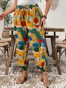 SHEIN LUNE Women's Casual Woven Camo Print Elastic Waist Loose Pocket Pants For Summer, Plus Size