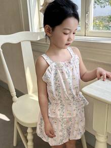 DAZY 2pcs/Set Young Girl Casual Minimalist Camisole Top And Shorts Set Floral,Girls Summer Outfits Vacation - White - View 3