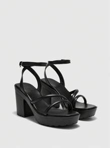 CUCCOO BIZCHIC Women's Fashionable Black Ankle Strap Minimalist Chunky Heel Comfortable Sandals, Suitable For Commuting, Date, Party, Holiday Spring Shoes Spring Break Easter - Black - View 1