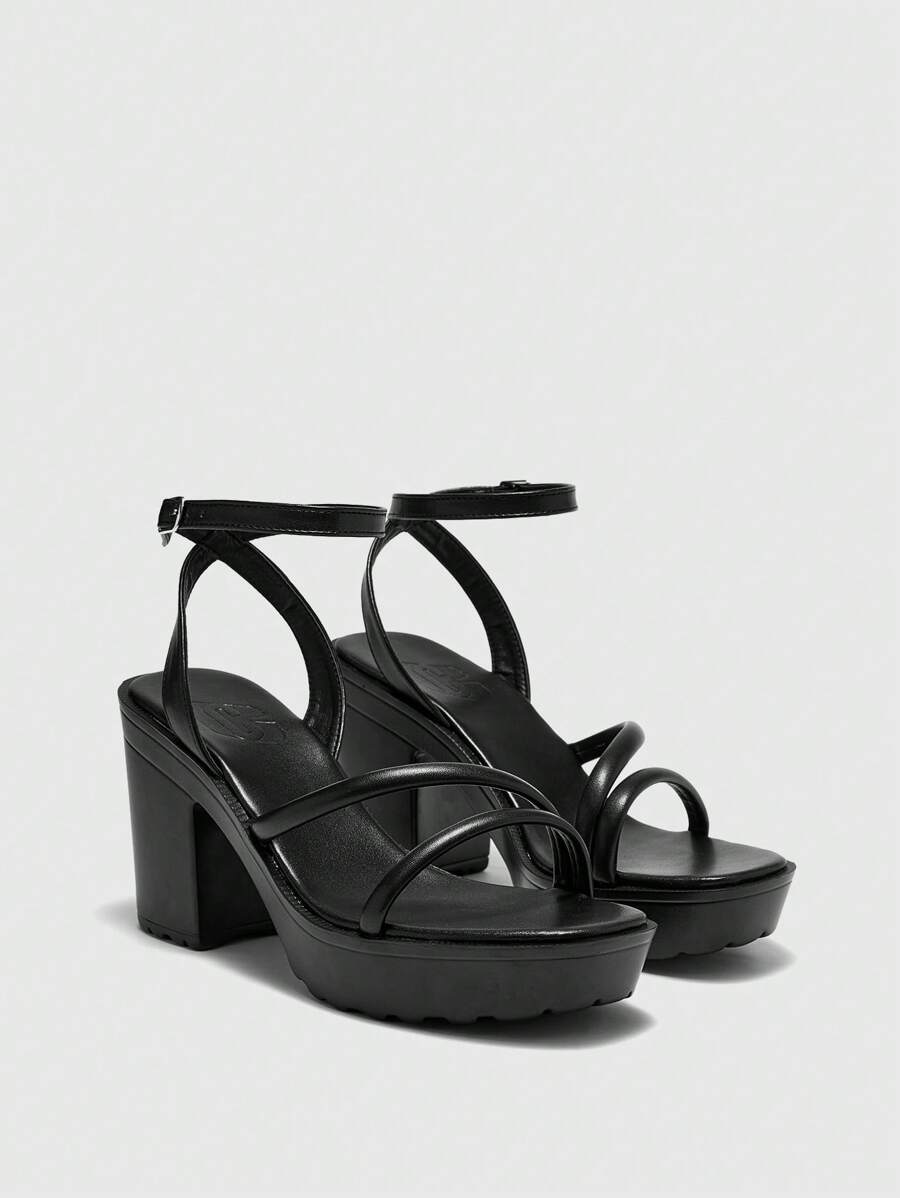 CUCCOO BIZCHIC Women's Fashionable Black Ankle Strap Minimalist Chunky Heel Comfortable Sandals, Suitable For Commuting, Date, Party, Holiday Spring Shoes Spring Break Easter - Black - View 1