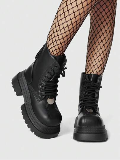 Grunge Punk Women's Black Punk Goth Studded Wedge Heel Zipper Lace-Up Ankle Boots Motorcycle Booties