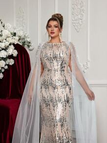 Glamrae Plus Size Asymmetrical Abstract Shell Sequin & Faux Pearl Mesh Patchwork Elegant Fishtail Formal Evening Dress, Wedding Guest Dress, Party Dress,Gown - Champagne - View 2