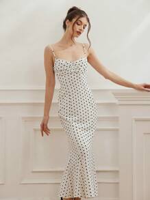 Aveloria Rosie Vestido de cola de pez con cintura fruncida, elegante y romántico estilo francés, con puntos negros y blancos para mujeres