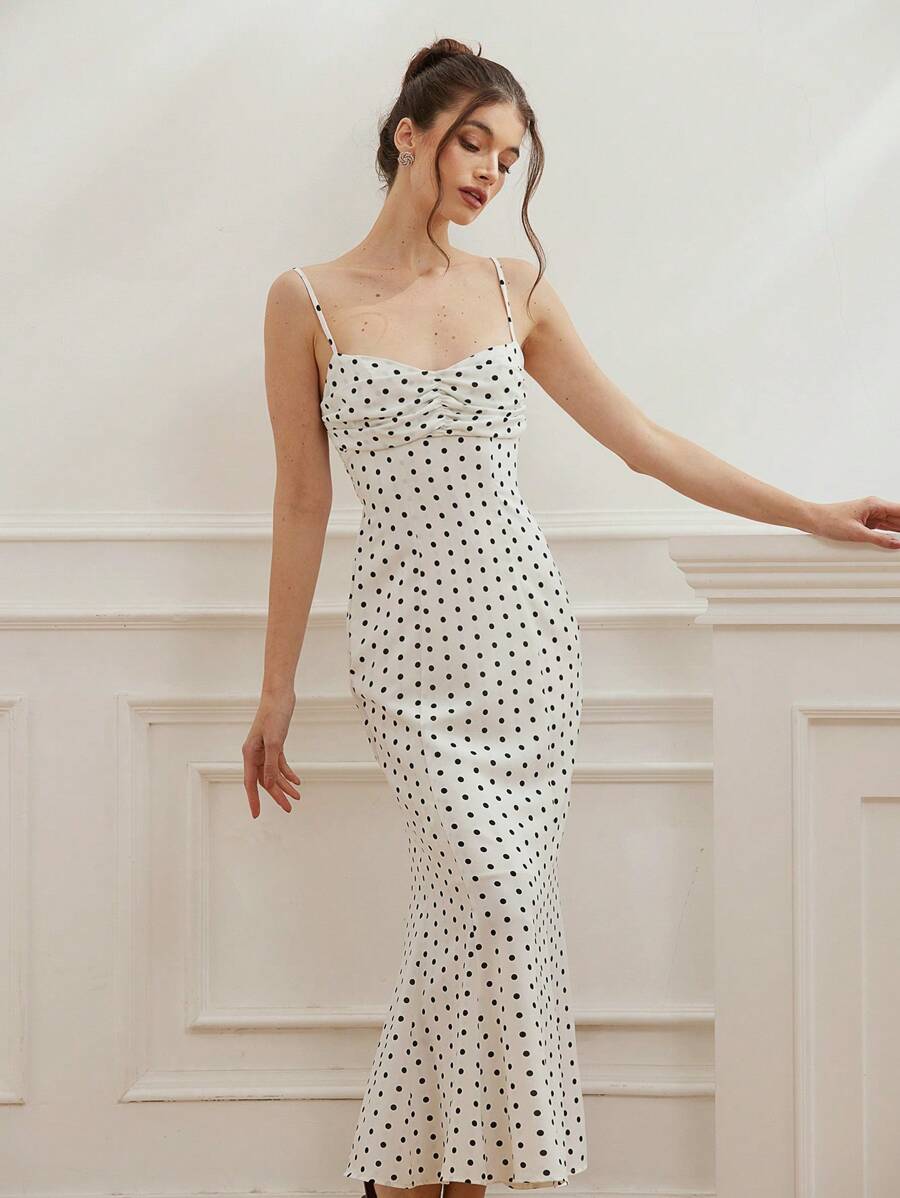 Aveloria Rosie Vestido de cola de pez con cintura fruncida, elegante y romántico estilo francés, con puntos negros y blancos para mujeres