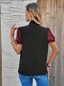 EMERY ROSE Women's Solid Color Patchwork Front Tie Short Sleeve Casual Shirt - Black - View 5