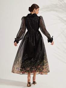 GENKIRA 优雅女士连衣裙，3D 花卉装饰，腰部合身，长袖，浪漫欧根纱面料，适合情人节、派对、约会 - 彩色 - 查看 3