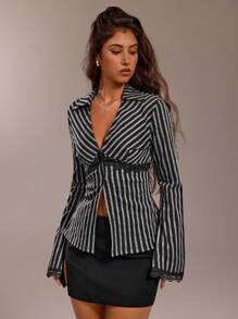 Forever 21 Women's Elegant Commuter Striped Lace Trim Blouse - Black - View 4