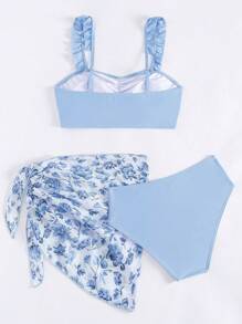 SHEIN 3件套少女印花吊带泳衣，适合冲浪、海滩、泳池、春夏穿着