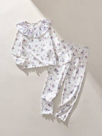 THE HAPPY LOOK Kleine Mädchen Ditsy Floral Volant Kragen Rücken Drop Druckknopf Saum T-Shirt und Leggings Beige Sets