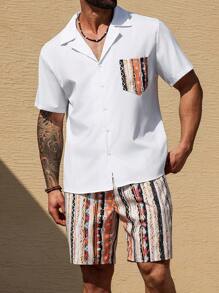 ResortEase Conjunto de camisa de manga corta con bolsillo y pantalones cortos con estampado geométrico para hombres de talla grande