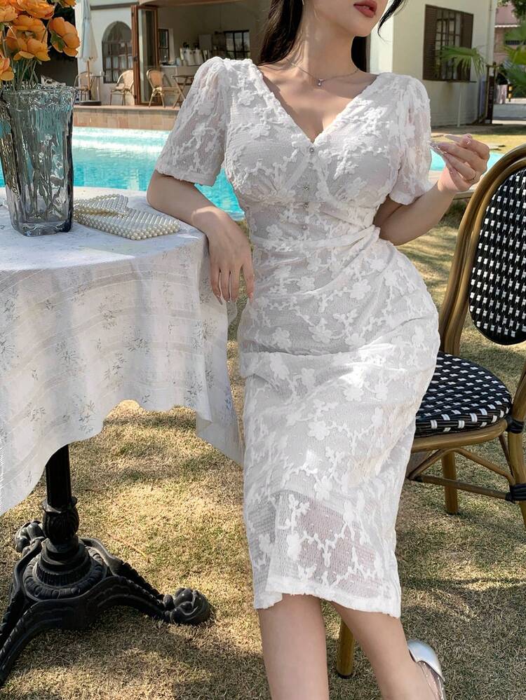 Vestido de dama de honor elegante de longitud media con cuello en V, manga abullonada y estampado floral intarsia