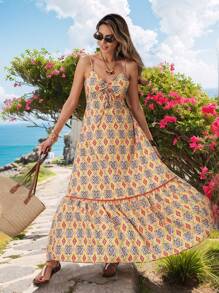 SHEIN VCAY Váy chữ A không tay họa tiết hoa mùa hè cho nữ, tối giản và thời trang để mặc hàng ngày - Nhiều màu - Xem 4