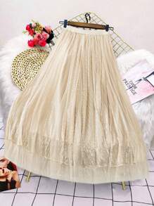 SHEIN Unity Plus Size Women A-Line Mesh Skirt With Elastic Waist And Glitter Decor, Mid-Length - Apricot - View 2
