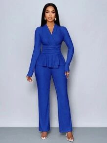 SOLERSUN Women's Apricot Color Elegant V Neck Long Sleeve T-Shirt And Wide Leg Pants Two Piece Set,Asymmetrical Hem Two-Piece Outfits,Casual Daily Wear,Winter Clothes For Women Fall Cloth For Women - Royal Blue - View 5