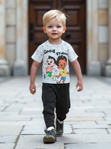 男女通用男婴服装，可爱卡通印花短袖 T 恤搭配黑色慢跑裤套装，适合宝宝春夏季穿着 - 彩色 - 查看 3