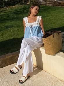 DAZY 度假蕾丝拼布抽绳系带牛仔衬衫夏季 - 藍色 - 查看 9