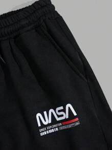 RueChic 男士棉质字母印花抽绳常规款运动裤 - 黑色 - 查看 6