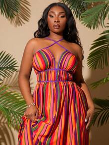SHEIN SXY Plus Size Spring/Summer Elegant Vacation Casual Striped Halter Dress,Beach Dress Sundress,Holiday Outfits Boho - Multicolor - View 3