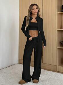 SHEIN EZwear Women's Slim Fit Jacket & Casual Pants Set, Simple Stylish For Everyday - Black - View 3