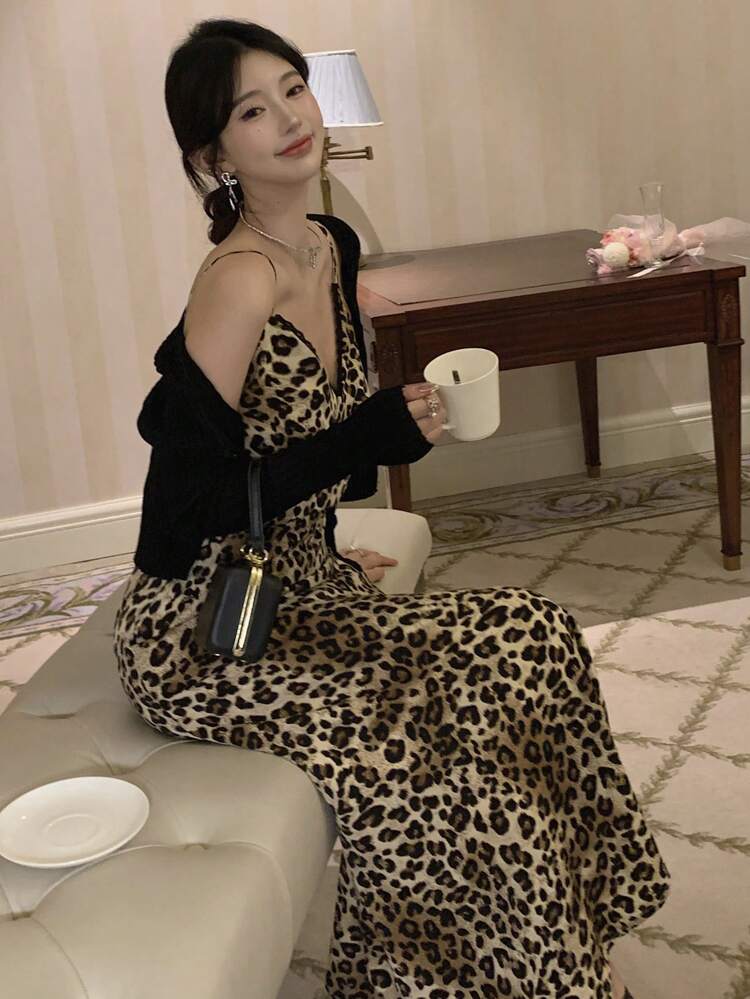 Women Leopard Print Casual Strap Midi Dress Sundress