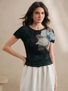 Anewsta SHEIN X Hannahelzahed 弹力褶皱纹理透视圆领短袖上衣T恤，优雅春夏女装 - 黑色 - 查看 6