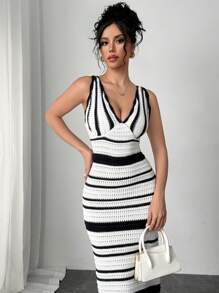 Chiquease Women's Sleeveless Striped Elegant Fitted Hollow Out Sweater Dress Fall Cloth For Women - Black and White - View 4