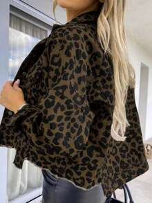 Leopard Print Raw Hem Cropped Denim Jacket - Long Sleeve Versatile Basic Coat For Women Fall Winter