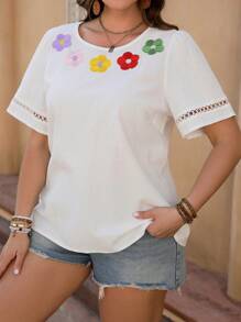 SHEIN LUNE Plus Size Faux Linen Embroidery Casual Holiday Regular Fit Shirt, Spring/Summer - White - View 5