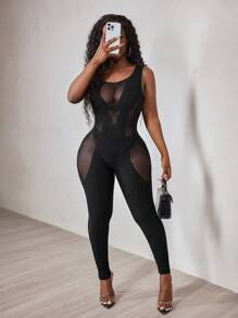 BamGleam Women's Solid Color Sleeveless Minimalist Fitted Hollow Out Mesh Jumpsuit