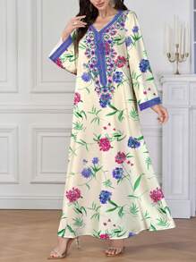 Al Najma Women's Arabic Print V-Neck Long Printed Jalabiya Dress With Long Sleeve, For Festival, Modest Full Length Dresses, Kaftan - Apricot - View 4