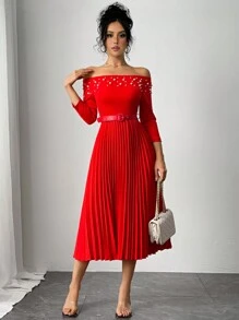 Chiquease 红色露肩泡泡袖珠饰腰部褶皱连衣裙 - 紅色 - 查看 5