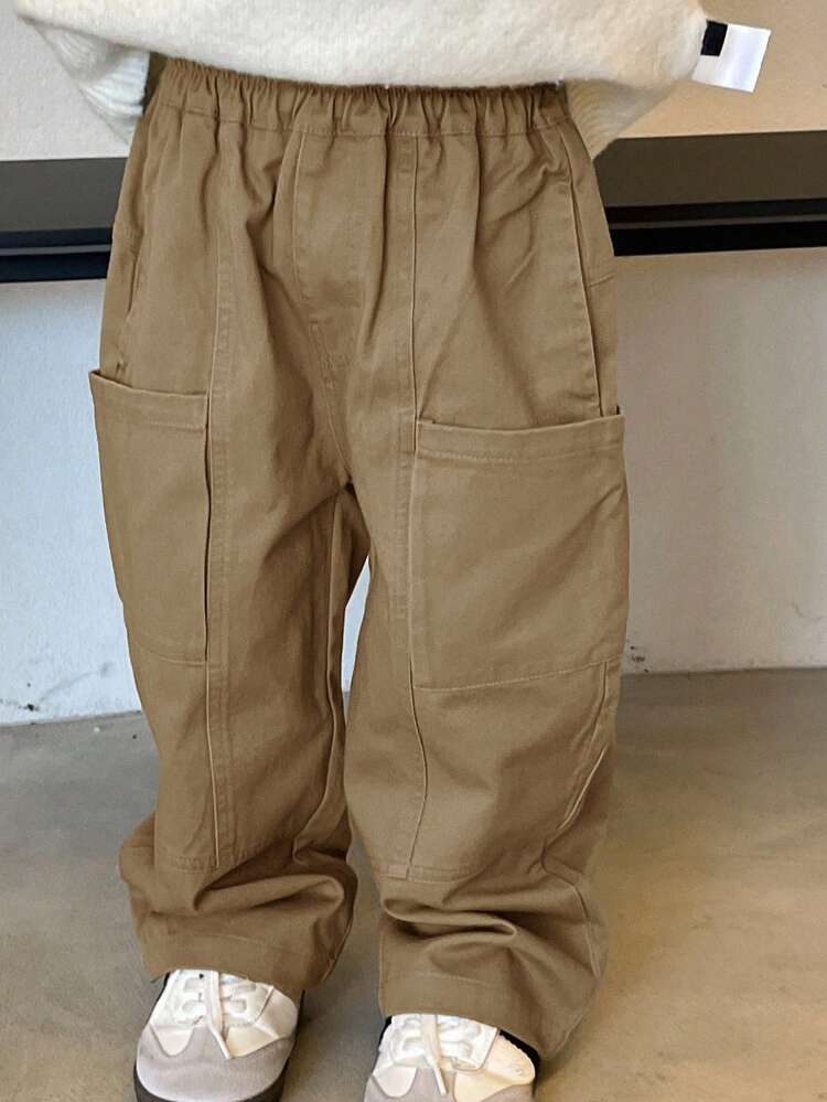 Young Boy Solid Color Straight Loose Casual Pants With Large Pockets