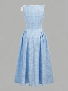 SHEIN Wildeya Langes Kleid für Teenager Mädchen in Blau & Weiß mit Taillenraffung und Schleife an der Schulter, aus dehnbarem gestricktem Gewebe, im vintage, süßen Stil, geeignet für Partys und Treffen