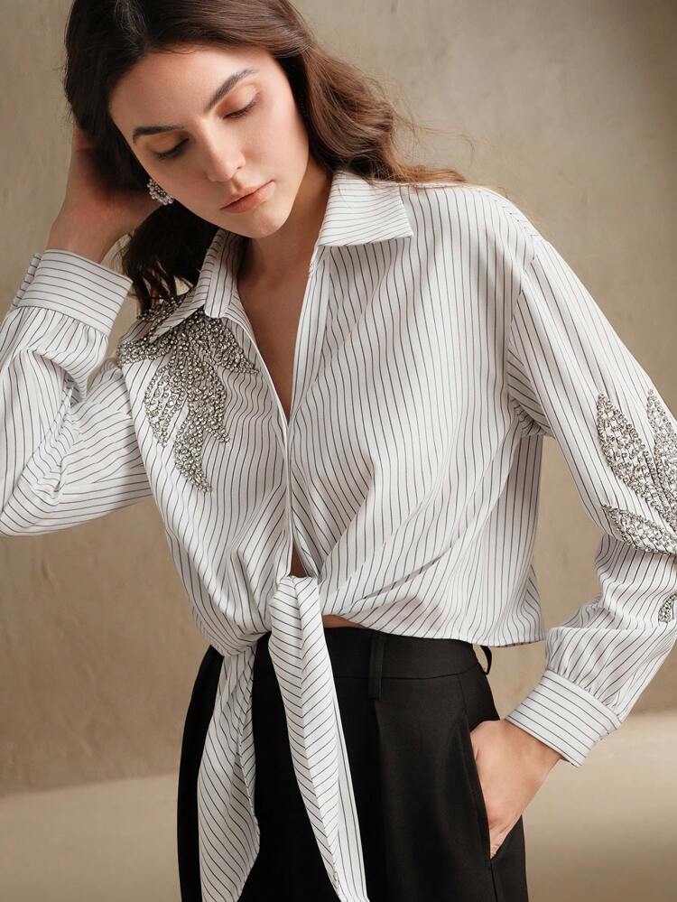 レディース エレガントシティ ラインストーン ストライプ 長袖カラーシャツ