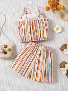 Young Girl Vacation Casual Stripe Camisole And Shorts 2 Pieces Set