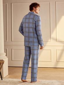 Manfinity Men Front Button Long Sleeve Plaid Simple Top And Pants Pajama Set - Blue - View 2