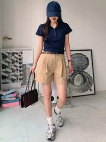 DAZY Áo thun nữ tay ngắn ôm sát có khóa kéo nửa cổ - Màu xanh hải quân - Xem 4