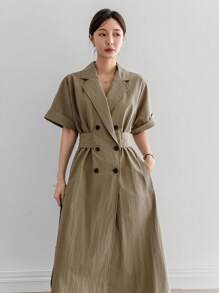 Dazy-Less Đầm suông màu trơn bó eo đơn giản cổ chữ V phong cách công sở, dài đến bắp chân cho nữ, váy suông - xanh quân đội - Xem 4