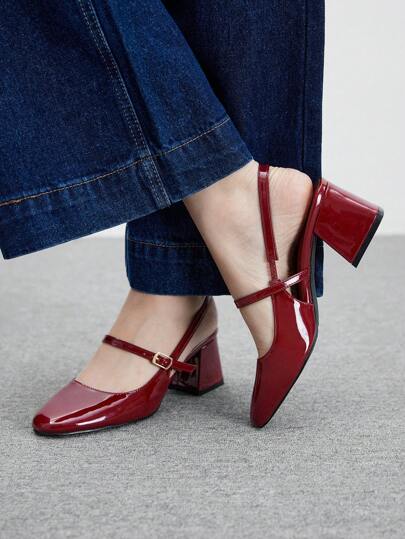 CUCCOO BIZCHIC Tacones gruesos tipo Mary Jane elegantes para uso diario de mujer, color borgoña, zapatos de vestir versátiles para usar en primavera, ropa casual, vacaciones de primavera, Pascua