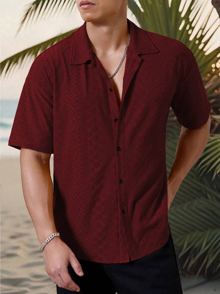 Manfinity Homme Men's Vacation Casual Style, INS Matched With A Knitted Black And White Geometric Striped Crochet Textured Jacquard Loose Short-Sleeve Shirt. Featuring A Button Placket, This Shirt Embodies French Elegance And Romance, Making It Perfect For Hawaiian Beach Vacations, As Well As Music Festivals And Everyday Wear. It Also Serves As An Ideal Gift For Boyfriends Or Husbands. Men's Striped Short Sleeve Single-Breasted Casual Commuter Shirt, Cool Shirts For Men, Nice Shirts For Men, Men's Fashion Shirts - Burgundy - View 5