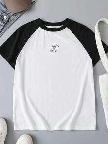 SHEIN Essnce Camiseta Feminina de Manga Curta com Gola Redonda, Ajuste Justo, Padrão Minimalista Casual, Adequada para o Verão - Preto e Branco - Visão 2