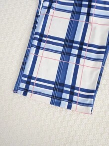 SHEIN 男士蓝色格子经典休闲舒适 2 件短袖上衣和裤子家居服套装 - 藍色 - 查看 5