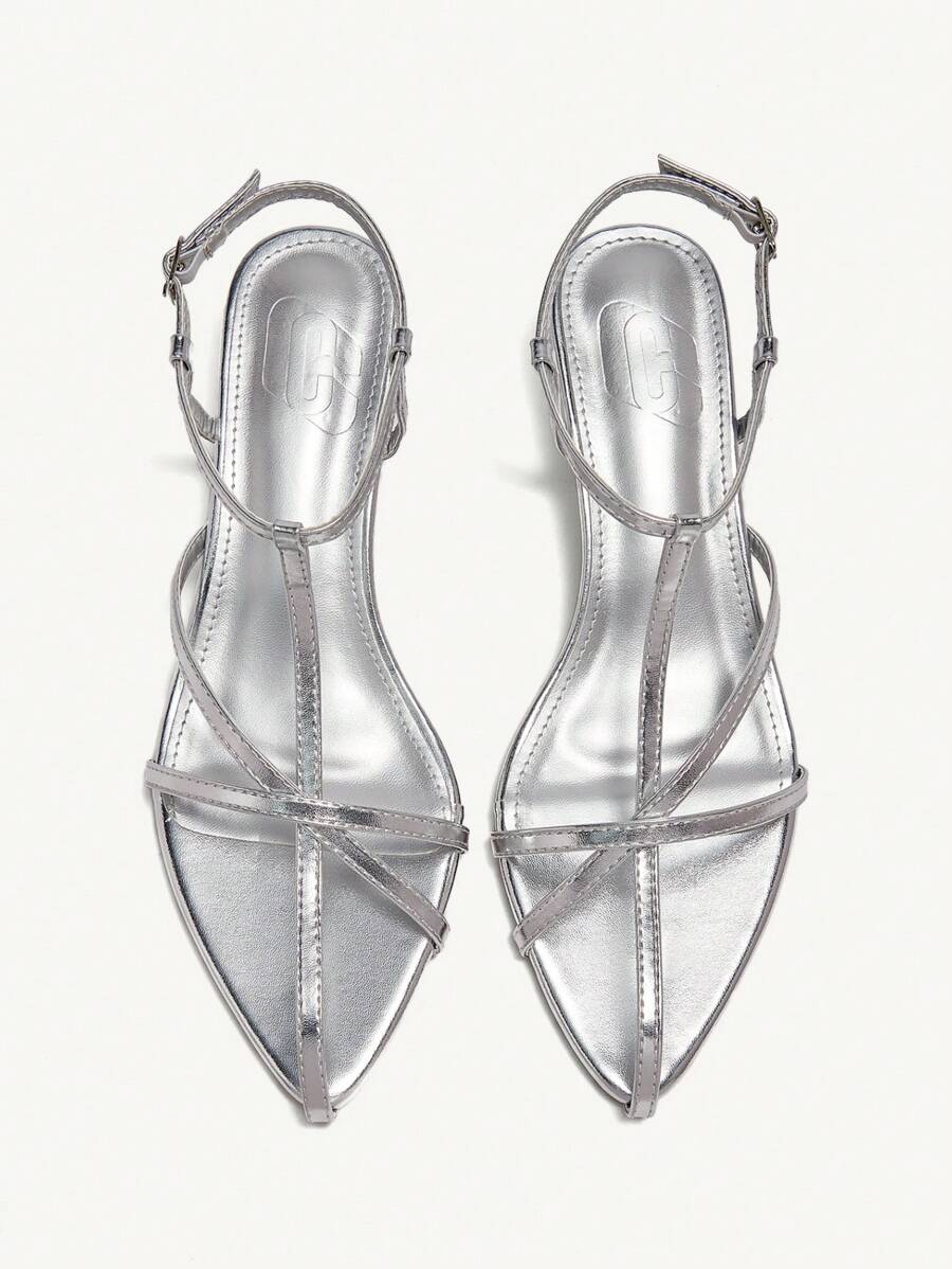 CUCCOO CHICEST 女士时尚尖头银色露趾细高跟罗马凉鞋，性感女神款系带凉鞋，女士中跟凉鞋 - 銀色 - 查看 1