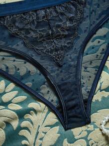 PinupPomp طقم ملابس داخلية كبيرة الحجم نمط بقع كبيرة منقطة مطرزة بالدانتيل الذهبي بطراز قديم - أزرق بحري - مشاهدة 4
