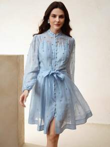 Anewsta 女式短款水钻装饰连衣裙，配腰带，翻领设计，蓝色，优雅百搭，春季 - 藍色 - 查看 3