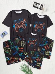 SHEIN 2 Piece Sets Snug Fit Night Wear Kids 2pcs Glow-In-The-Dark Video Game Print Men's Pajamas Set, Casual Comfortable Short Sleeve Shirt And Shorts, Sleepwear Sets (1 Set Is Sold Separately) .This Product Requires UV Light Exposure To Glow.