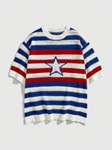 ROMWE MEN Street Life Men's Star Short Sleeve Knit Tops, Spring/Summer Vacation - Blue and White - View 1
