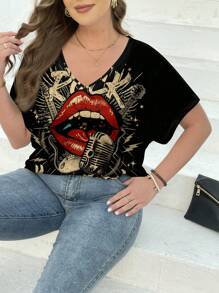 SHEIN LUNE 休闲宽松复古美国摇滚肖像印花大码女式短袖 T 恤，适合夏季 - 白色 - 查看 4