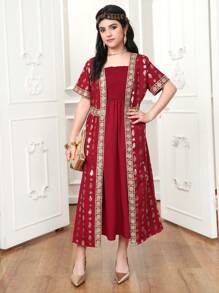 2 件青少年女孩休闲简约短袖夹克和连衣裙套装，日常穿着 - 黑色 - 查看 4