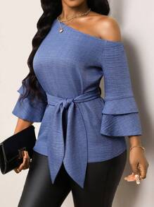 Lunelith SHEIN Lunessa 牛仔效果不对称肩部荷叶边袖系带衬衫 - 藍色 - 查看 4